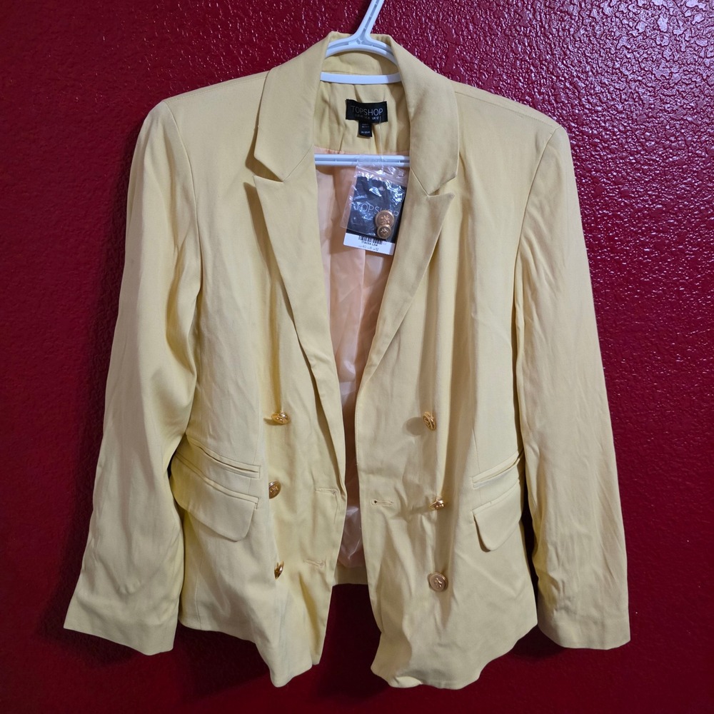 Topshop Womens Double Breasted Blazer Lemon Yellow Gold Crest Buttons Size US 8